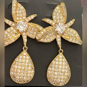 Premier Zirconia Gold Tone Flower Cubic Zirconia Pave Set Dangle Earrings NWT